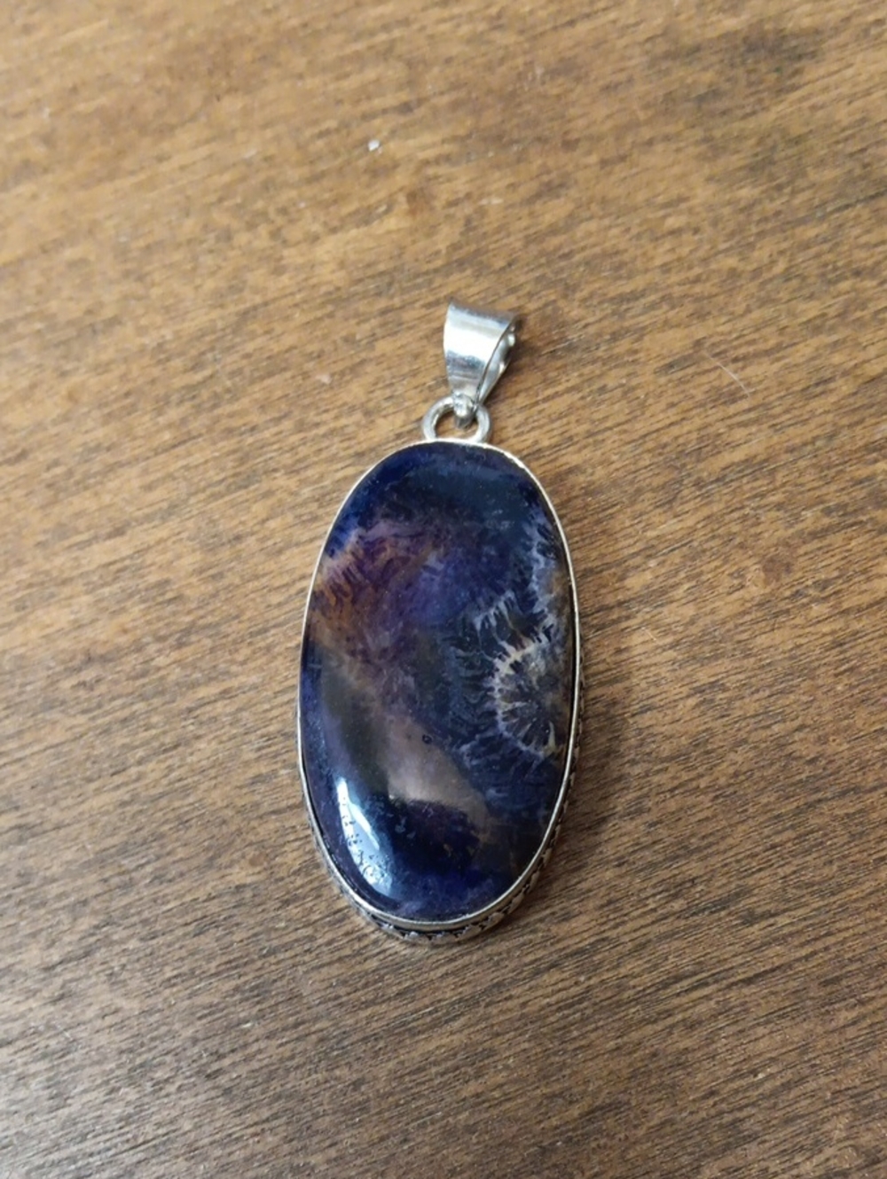 Deep Blue Oval  Fossil Coral Gemstone Pendant Necklace